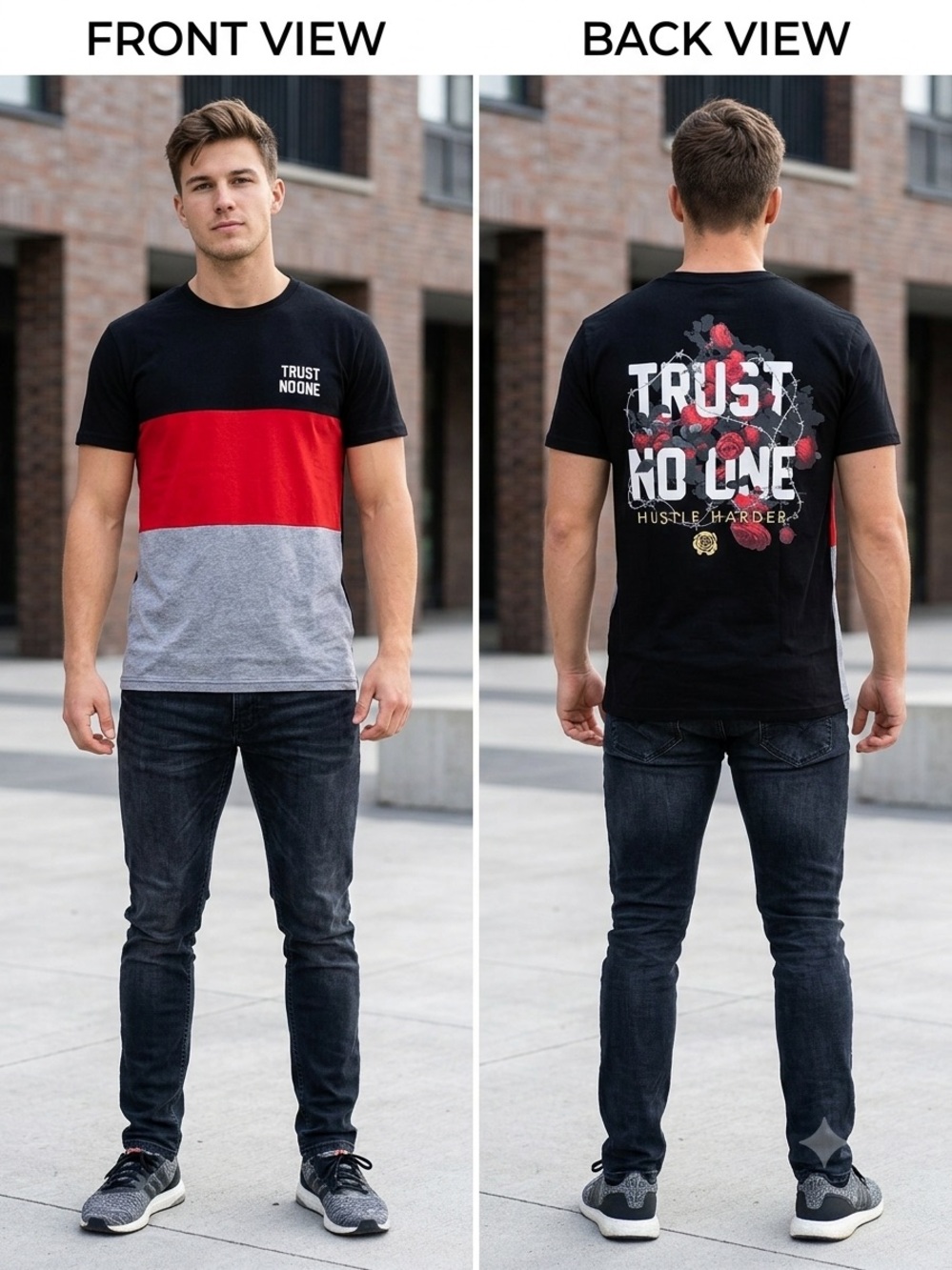 VIBES Colorblock 'Trust No One' Tee - Black, Red & Gray. Size S